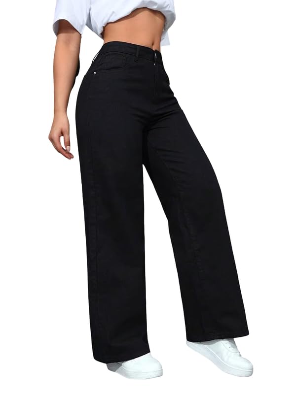 London Hills Women’s High Rise Wide Leg Jeans | Relaxed Fit Baggy Denim Pants | Stylish Straight Fit Comfortable Casual Wear Jeans for Women (Black)