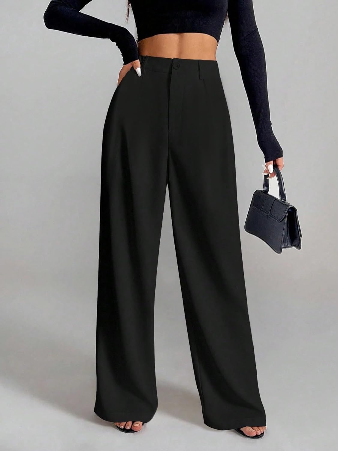 Women's High-Waisted Trousers: Korean Formal Office Style | Black Stretch Cotton | Straight Leg | Toochki Women's Pants.