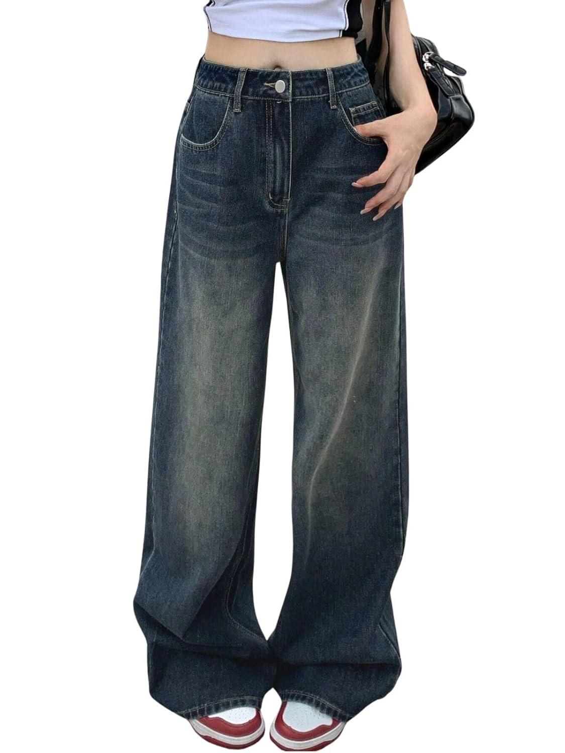 High-Waisted Baggy Denim with Utility Pockets for Women. Casual Wide-Leg Trousers.