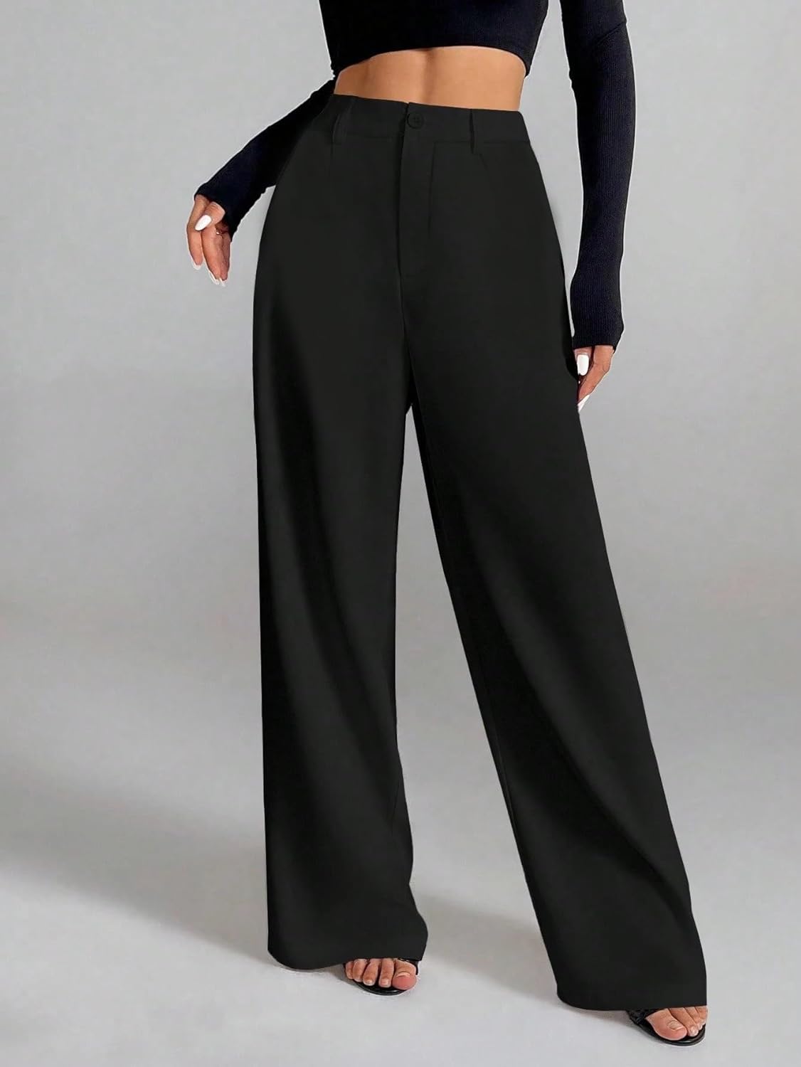 Women's High-Waisted Formal Trousers | Korean Style Black Track Pant | Straight Cut, Cotton-Spandex with Stretch | Toochki Women's Bottom Wear