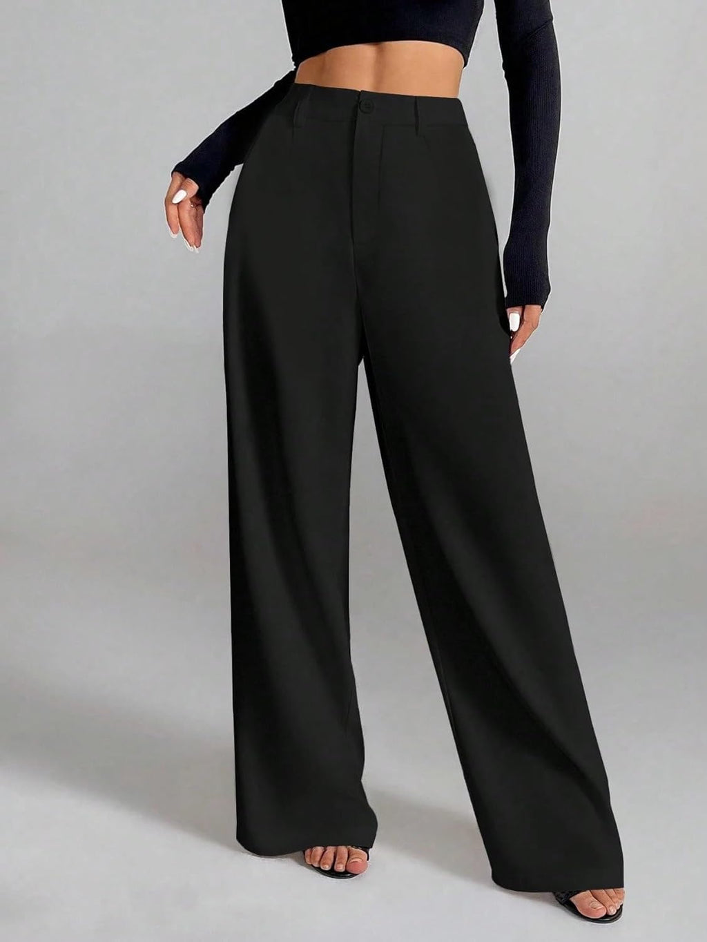 Women's High-Waisted Trousers: Korean Formal Office Style | Black Stretch Cotton | Straight Leg | Toochki Women's Pants.