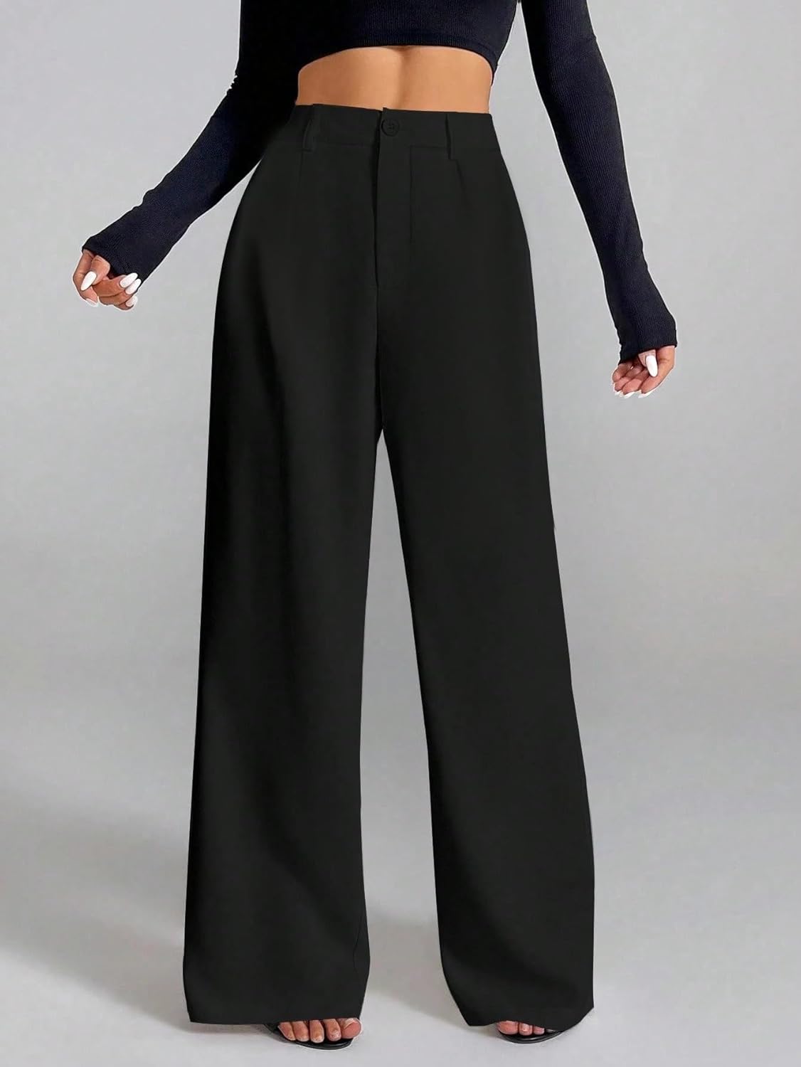 Women's High-Waisted Trousers: Korean Formal Office Style | Black Stretch Cotton | Straight Leg | Toochki Women's Pants.