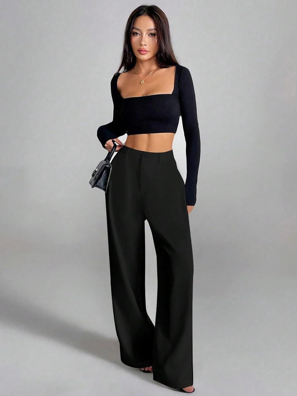Women's High-Waisted Formal Trousers | Korean Style Black Track Pant | Straight Cut, Cotton-Spandex with Stretch | Toochki Women's Bottom Wear