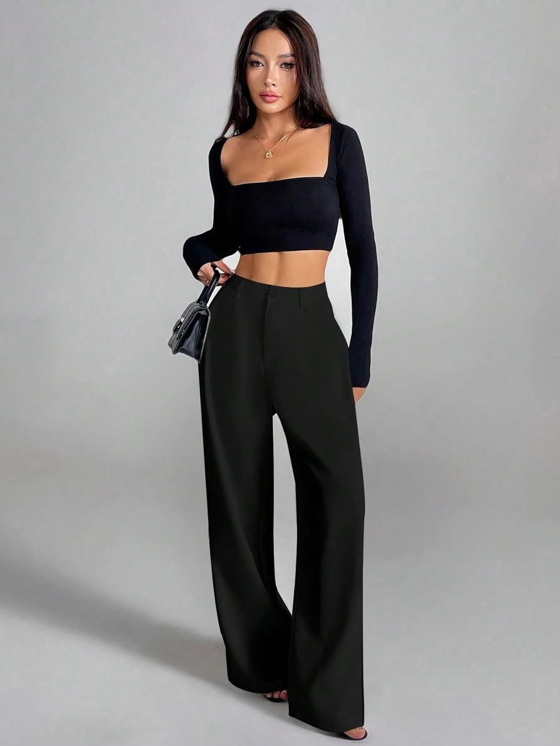 Women's High-Waisted Trousers: Korean Formal Office Style | Black Stretch Cotton | Straight Leg | Toochki Women's Pants.