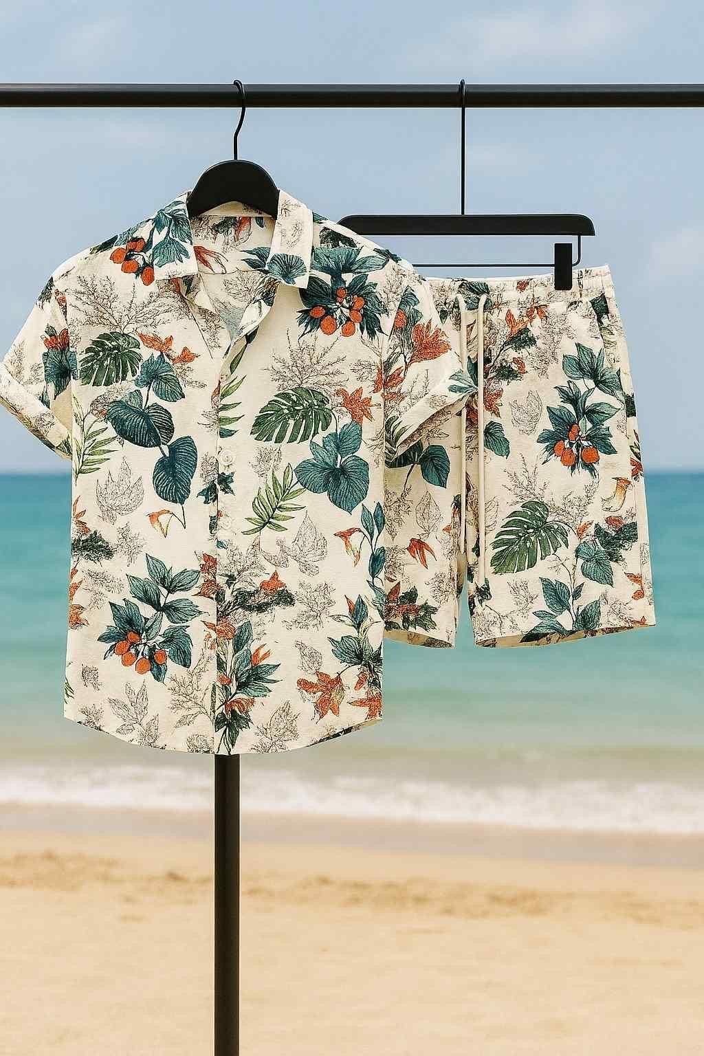 Casual Vacation-Style Printed Short & Shirt Co-ord Set For Men�(2pcs Set) - BiG FACTORY 
