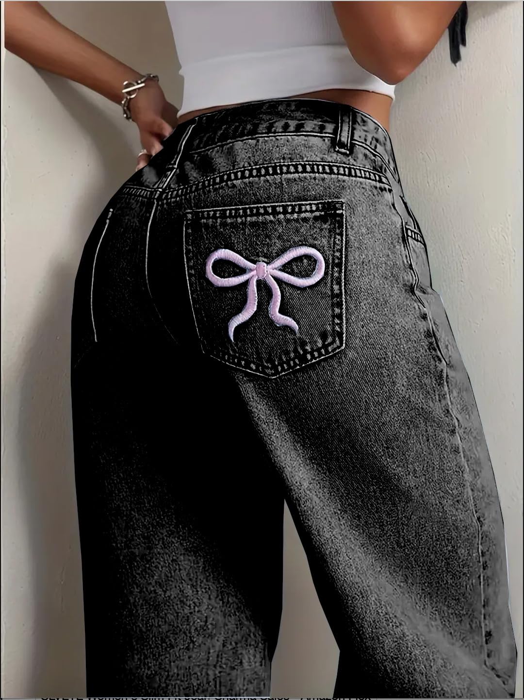 Stretchy High Waist Denim Jeans for Women | Light Wash with Back Pocket Bow Detail | Casual and Comfortable Fit