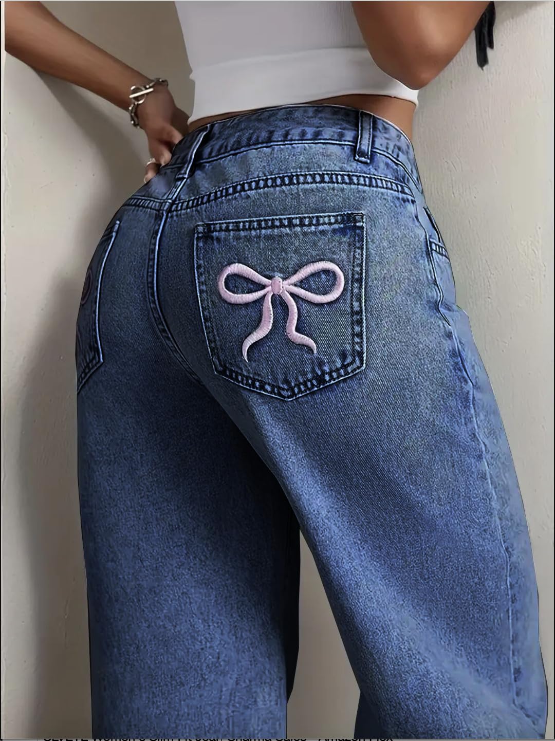 Stretchy High Waist Denim Jeans for Women | Light Wash with Back Pocket Bow Detail | Baggy Fit