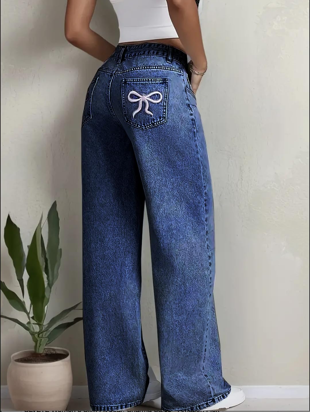Stretchy High Waist Denim Jeans for Women | Light Wash with Back Pocket Bow Detail | Baggy Fit
