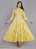Anarkali Rayon Printed Kurti for Women (Yellow, L)